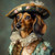 dachshund in a fancy outfit with a ruffled collar, a green and gold outfit featu