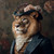 Regal Lion in a top hat adorned with a bouquet of flowers, and the attire is sty