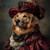 Golden Retriever in a rich, ornate outfit reminiscent of Victorian fashion. Post