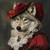 Lady Wolf in a distinctive red outfit with a lace-like bodice and a large, ornat