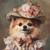 Lady Pomeranian with a delicate hat decorated with a variety of flowers, includ