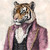 Gentelman Tiger in a pink, ornate, Victorian-inspired suit with a rich, ornate d