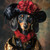 dachshund in a distinctive, ornate outfit reminiscent of a historical European