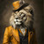 Regal Lion in a richly detailed fur coat, a formal, vintage-styled outfit, and