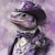 Lord Lizard with a purple suit, including a top hat with a floral design and a r