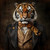 Gentelman Tiger in a Victorian-inspired outfit with a dark, aged jacket, a brown Gentelman Tiger in a Victorian-inspired outfit with a dark, aged jacket, a brown