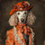 Poodle in a unique, ornate outfit that includes an orange top with lace accents