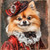 Regal Pomeranian with a richly detailed red outfit, lace, and a decorative hat w