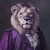 Regal Lion in a lavishly styled Victorian-inspired outfit in shades of purple.