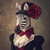 Lady Zebra with a high-quality, detailed black top hat, a large red rose, a lace