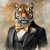 Gentelman Tiger in a formal attire, including a dark suit, a crisp white shirt,