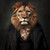 Regal Lion wearing a black, vintage-style outfit, including a jacket and a crava