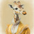 Lady giraffe in a dress-like outfit with a soft, lace-like trim and a rich, yell
