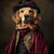 Golden Retriever with a black top hat, a red and gold themed outfit, and a promi