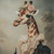 Lady Giraffe with a headpiece featuring a floral arrangement and a ruffled, lace