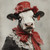 Lady Cow with a red top hat adorned with a rose and a large, vibrant red scarf.