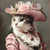 Lady Cat in vintage-inspired outfit that includes a wide-brimmed hat with pink