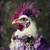 Regal Rooster whit a mix of purple fabrics, adorned with decorative elements, in
