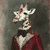 Gentelman Giraffe dressed in a regal, red velvet suit with a lace undershirt an