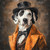 Dalmation in a distinctive, ornate outfit that includes a black top hat and an o