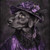 Lady Labrador with a stylish purple hat and a matching Victorian-inspired outfit
