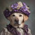 Lady Labrador with a decorative floral hat featuring a variety of flowers in sh