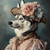 Siberian Husky in a detailed, ornate outfit with a soft, pastel-colored garment
