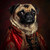 Pug with a rich, ornate outfit featuring a combination of red and gold hues. Pos