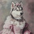 Siberian Husky in a pink, ruffled, and ornate dress. The husky, with a mix of bl