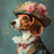 Beagle in an ornate outfit with a hat featuring a floral design, including shade