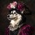 Siberian Husky with a richly decorated outfit featuring a luxurious maroon velve