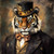 Gentelman Tiger in a formal steampunk outfit, featuring a black jacket with gold