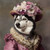 Siberian Husky with a decorative hat and a matching outfit, including a ruffled