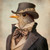 Gentelman bird with a Victorian-inspired outfit, including a brown top hat with