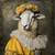 Lady sheep in a yellow outfit with a lace-like bodice, a ruffled collar, and a