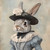 Lady rabbit in a a traditional, ornate hat with a decorative flower accessory. P