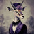 Lady Antelope is adorned with a purple top hat featuring a rose accessory and a