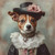 a brown and white dog with a black top hat with a pink rose and a traditional-lo