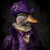 Lady duck in a purple a richly embroidered top hat and a bodice with a lace coll