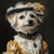 a small white dog dressed in a vintage-inspired yellow outfit Poster Canvas Prin