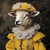 Lady sheep sheep dressed in a Renaissance-style outfita yellow dress a lace-like