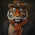 Gentelman Tiger in a top hat adorned with a floral accessory and a scarf with ri
