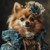 Lady Pomeranian with a multi-layered, ornate outfit in shades of teal and gold,