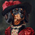 dachshund with a large, ornate hat featuring a prominent red rose, and a richly