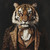Gentelman Tiger in a brown, ornate Victorian-style jacket with a cravat and a la