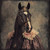 Lady Horse in brown fabric adorned with lace-like embellishments and a delicate