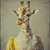 Lady Giraffe dressed in a whimsical, Victorian-inspired outfit. The giraffe is a