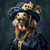 Golden Retriever with a rich, ornate outfit, including a large, ornamental hat w