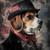 Beagle in a formal, vintage-inspired outfit, complete with a black top hat adorn