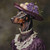Lady Doberman a lavishly decorated hat with a floral arrangement, and a lace-tri